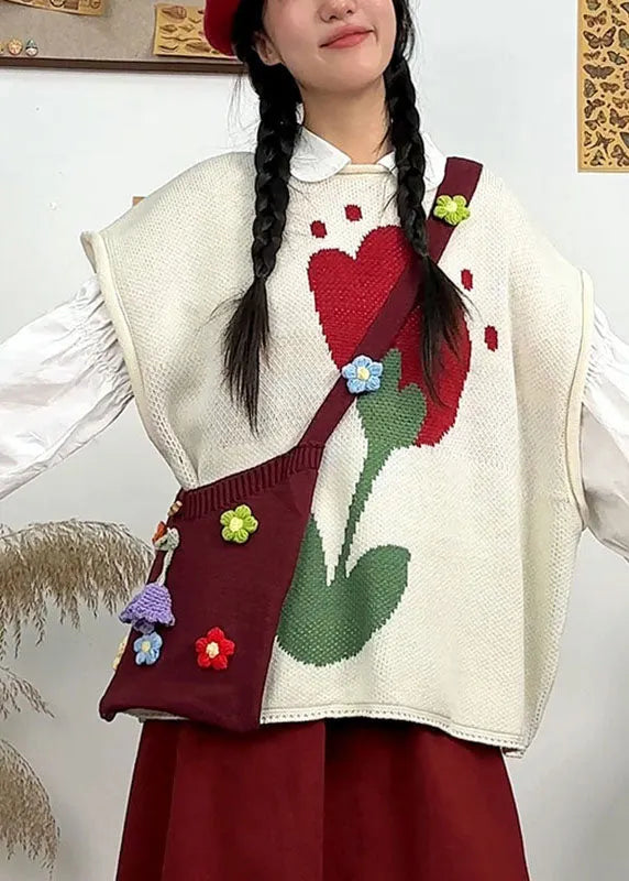White Print Knit Waistcoat Short Sleeveless