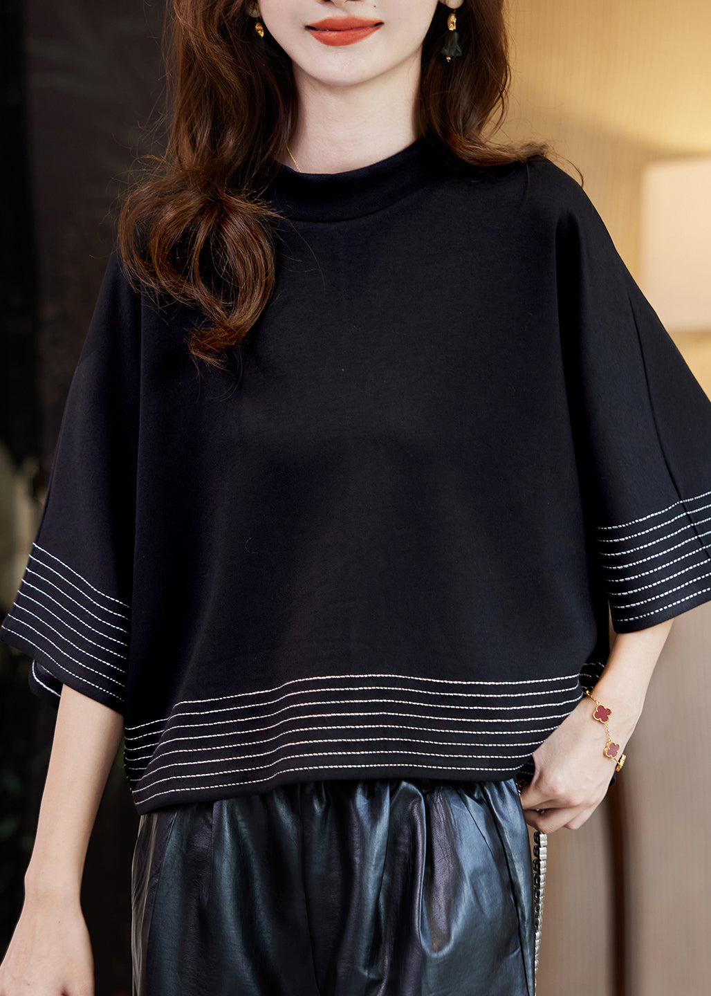 Black O-neck Striped Patchwork Tops Batwing Sleeve