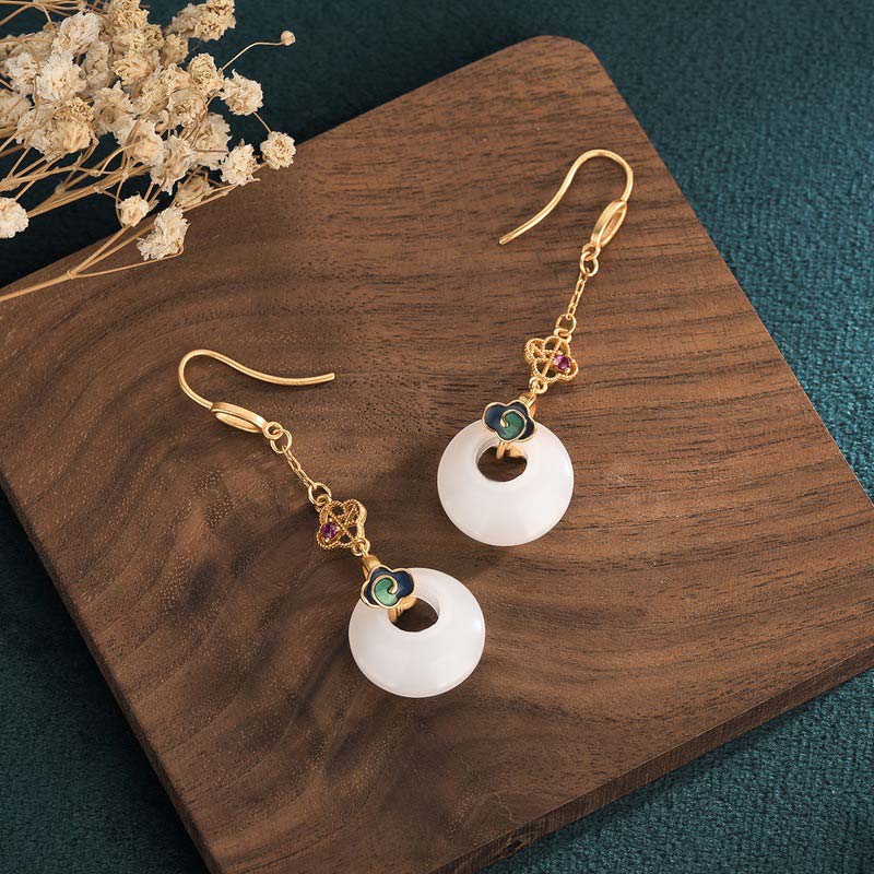 Fengshui White Jade Blessing Drop Earrings