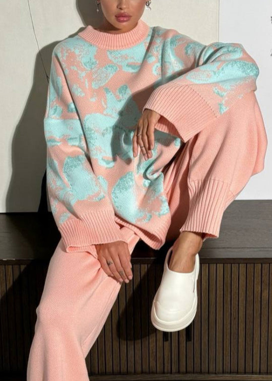 European and American Style Pink Sweaters and Pants Knit Two Pieces Winter