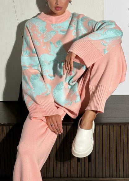 European and American Style Pink Sweaters and Pants Knit Two Pieces Winter