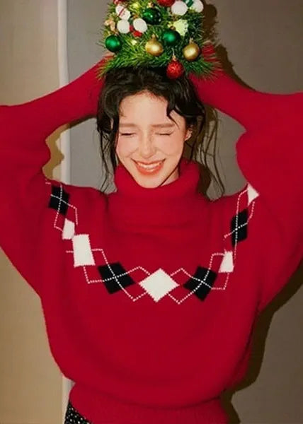 Loose Red Turtle Neck Print Knit Sweater Tops Winter