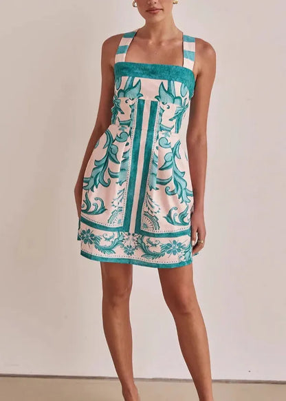 Classy Green Print Cotton Short Spaghetti Strap Dress Summer