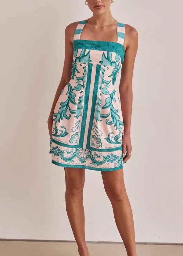Classy Green Print Cotton Short Spaghetti Strap Dress Summer