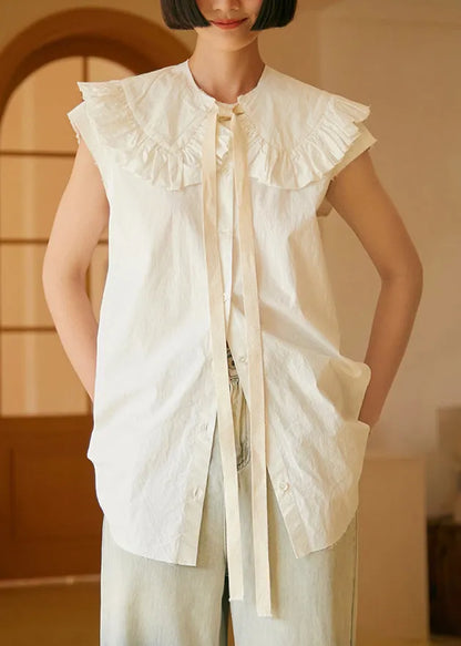 New White Peter Pan Collar Button Cotton Shirt Sleeveless