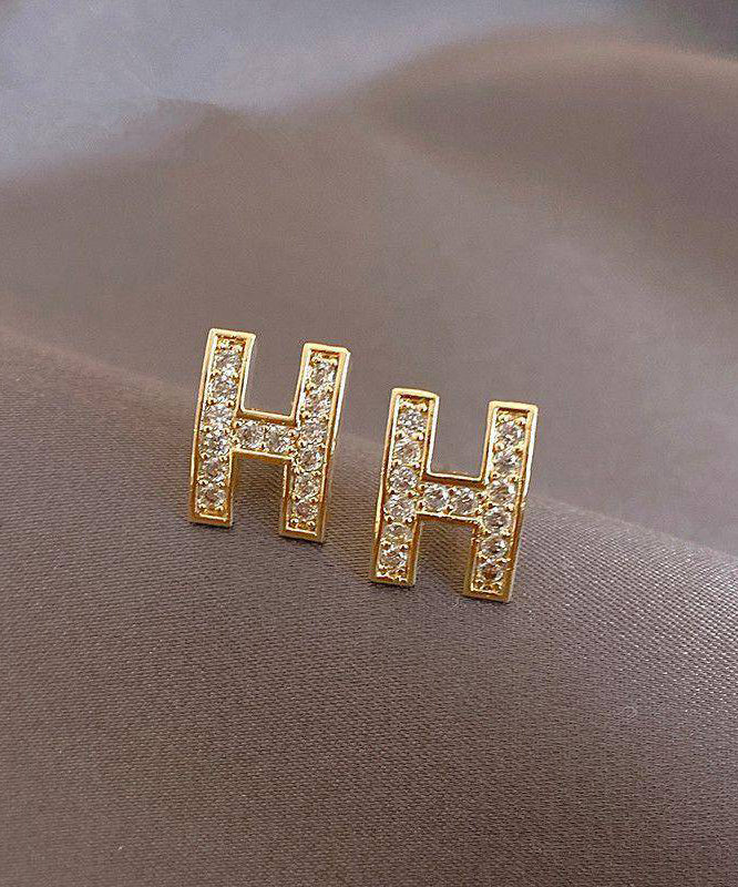 Gold Alloy Zircon H Graphic Stud Earrings