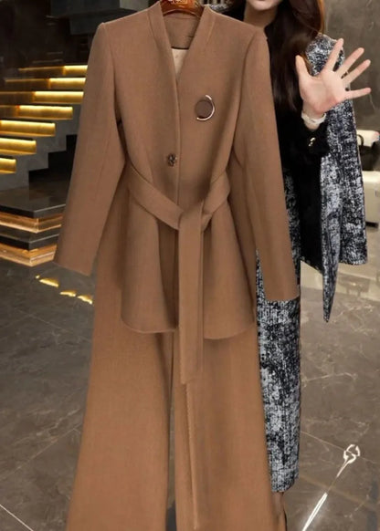 French Caramel Tie Waist Coats and Wide Leg Pants Two Piece Set Winter