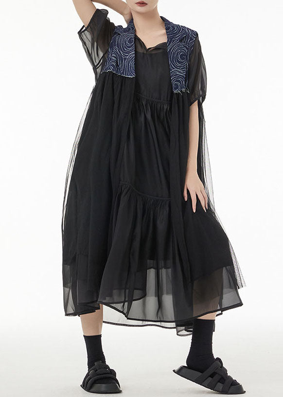 Blue Oversized Denim Patchwork Chiffon Cardigans Sleeveless