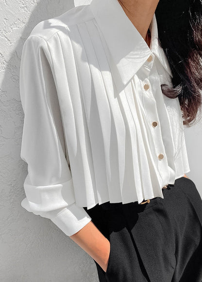 French White Peter Pan Collar Wrinkled Chiffon Shirt Tops Spring