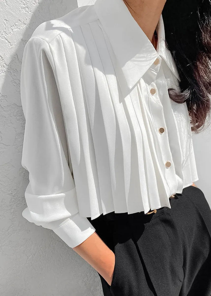 French White Peter Pan Collar Wrinkled Chiffon Shirt Tops Spring