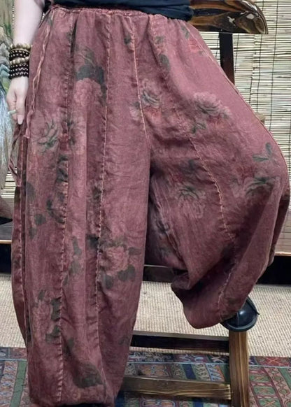 Green Pockets Patchwork Linen Lantern Pants Elastic Waist Summer