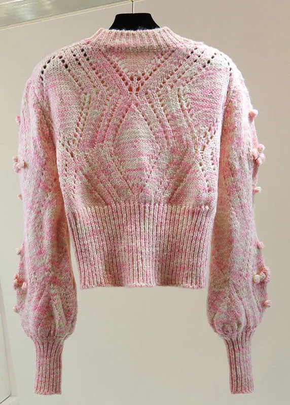 Pink Embroidered Hollow Out Cotton Knit Sweater Winter