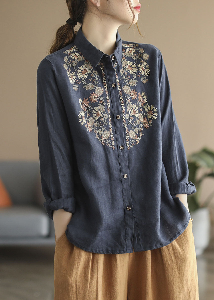 French Beige Peter Pan Collar Embroidered Linen Shirt Tops Spring