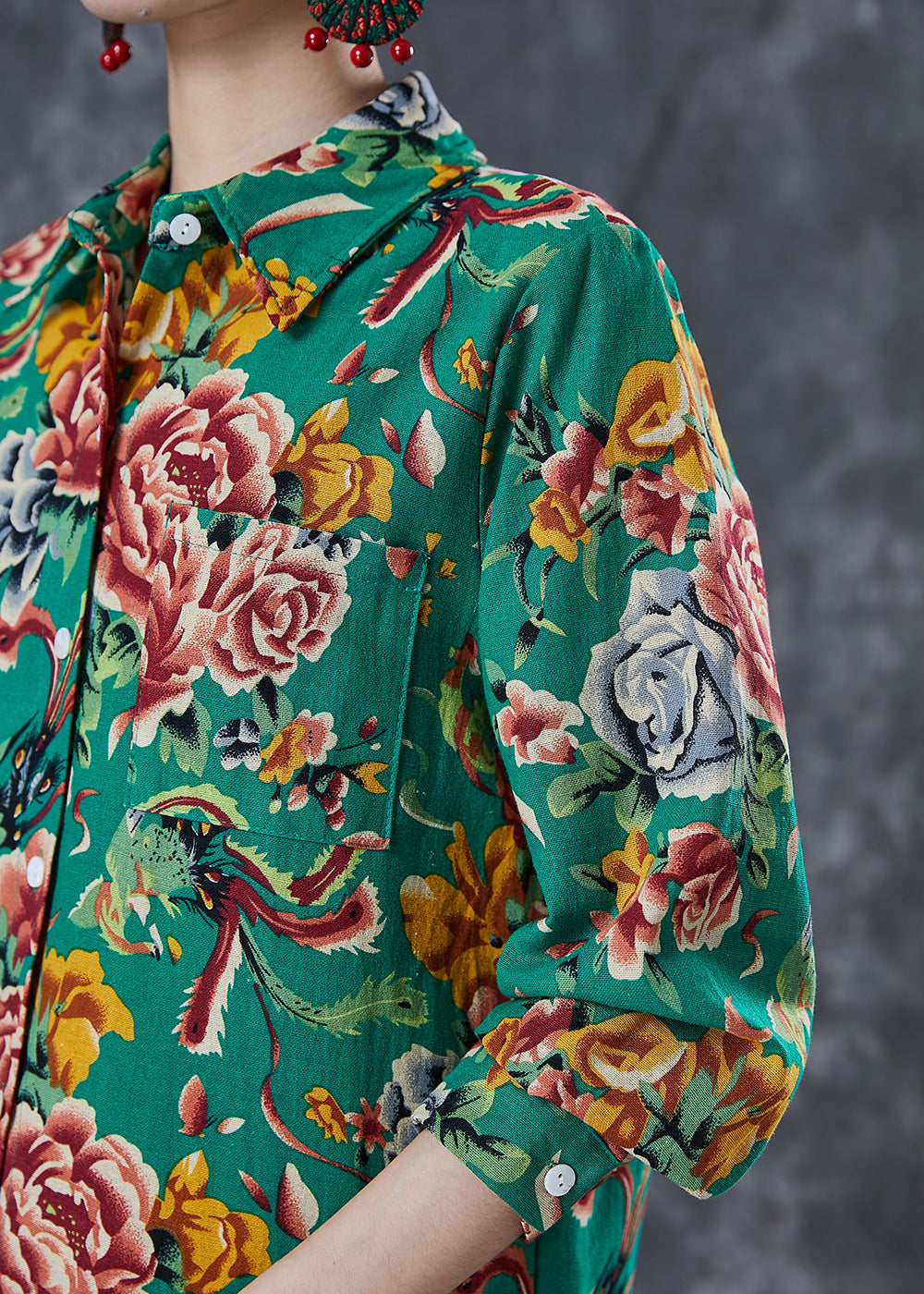 Style Green Print Cotton Shirt Oversized Spring