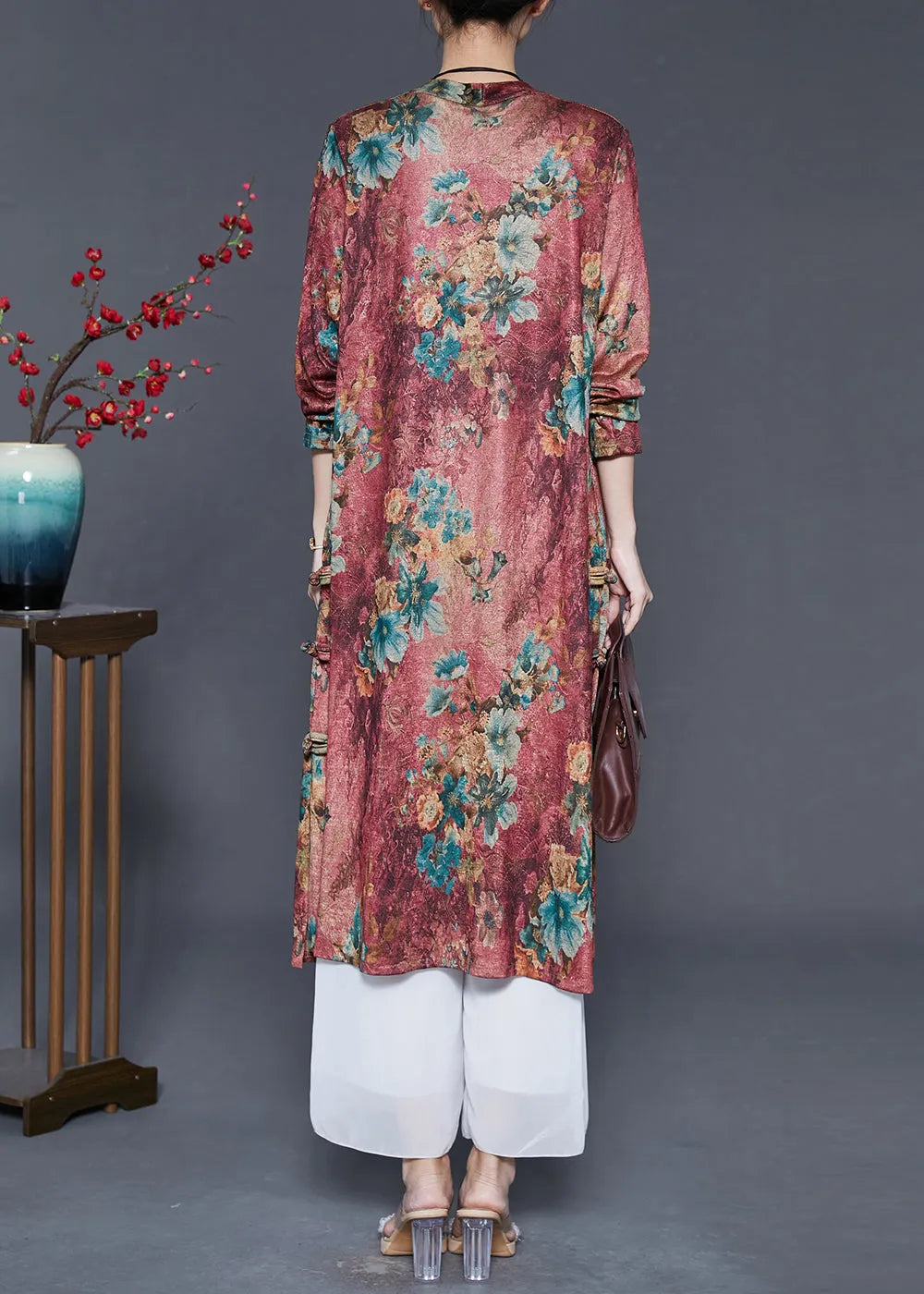 Art Brick Red Print Chinese Button Cotton Cardigan Summer