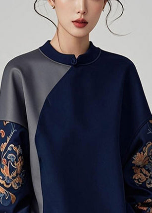 Navy Asymmetrical Patchwork Cotton Pullover Sweatshirt Spring