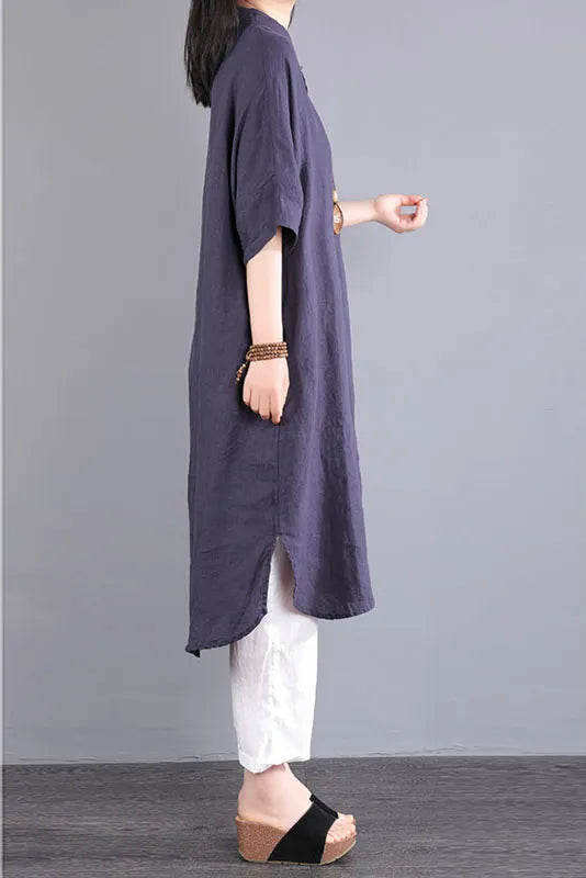 -summer Short-sleeved Long Shirt Color Cotton Linen Dress