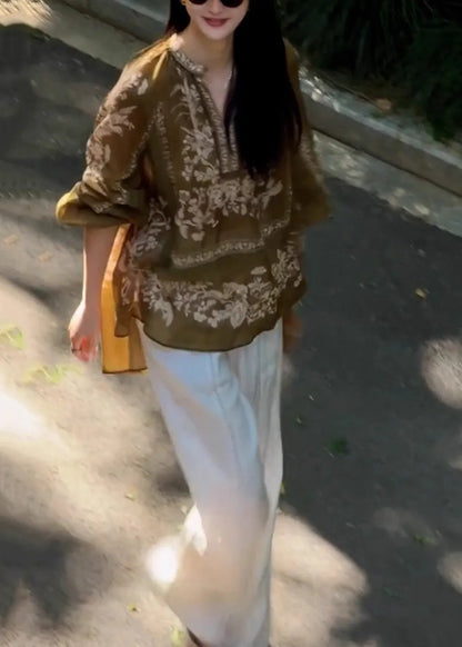 Brown Oversized Print Linen Shirt Top Fall