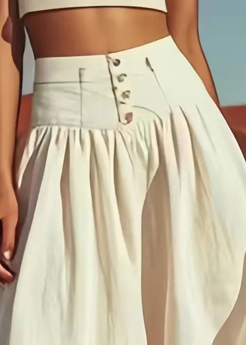 Beige Button High Waist Cotton Skirts Summer