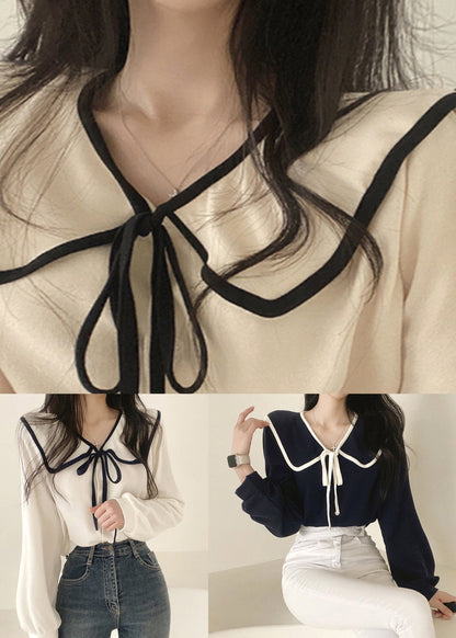 French White Peter Pan Collar Cotton Shirt Long Sleeve