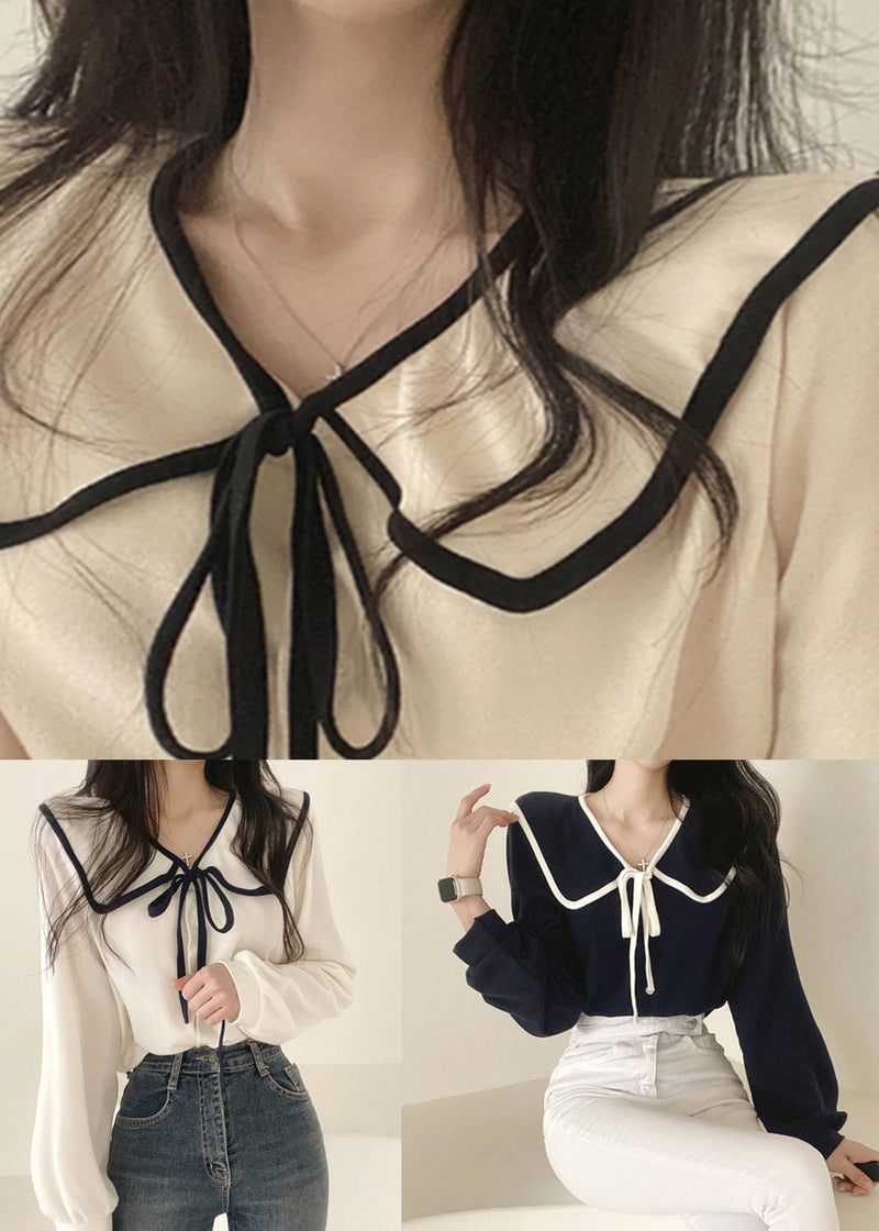 French White Peter Pan Collar Cotton Shirt Long Sleeve