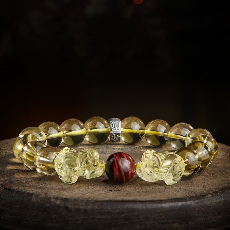 Buddha Stones Natural Citrine Double Pixiu Tiger Eye Prosperity Protection Bracelet