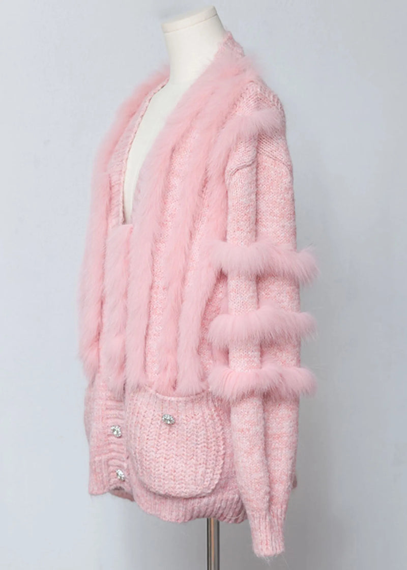 Pink V Neck Fox Fur Patchwork Woolen Cardigans Winter