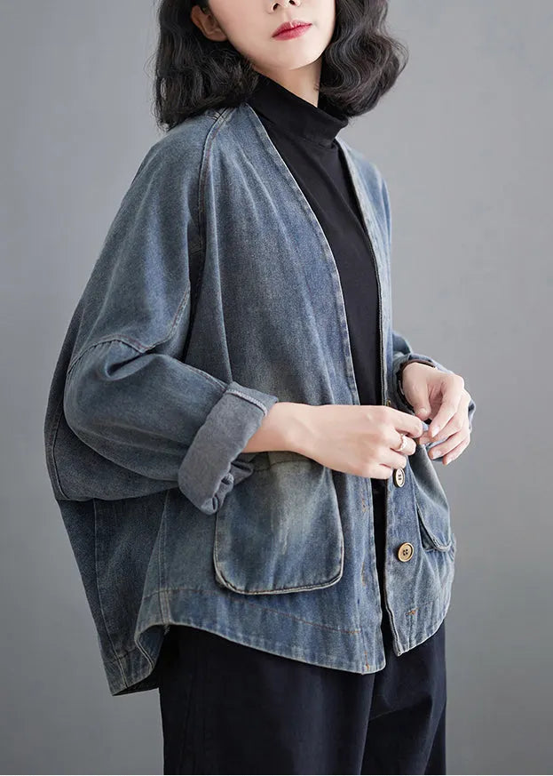 Blue Oversized Pockets Denim Coat Outwear Spring