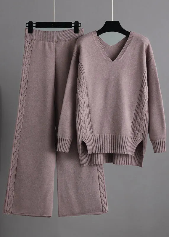 New Apricot V Neck Sweaters and Pants Knit Two Pieces Set Winter