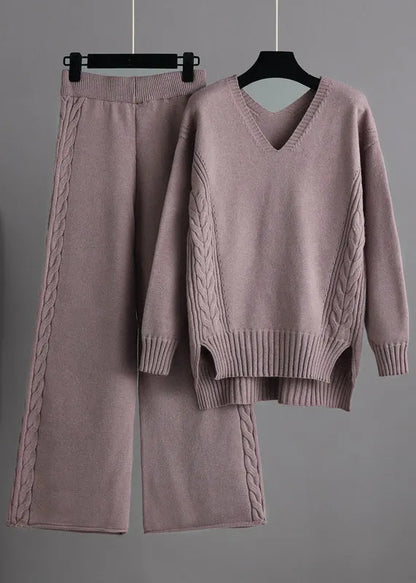New Apricot V Neck Sweaters and Pants Knit Two Pieces Set Winter