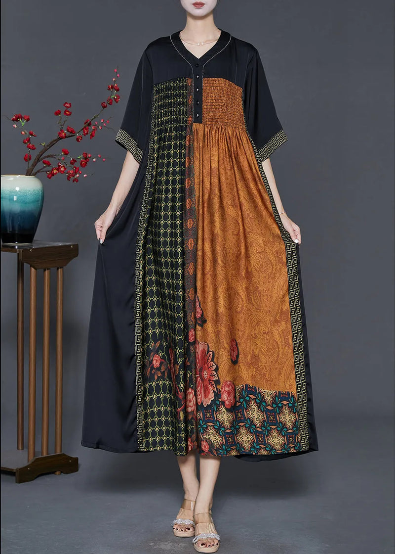 Black Patchwork Silk Maxi Dresses Oversized Print Summer