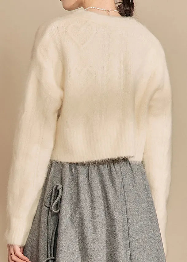 White V Neck Woolen Short Cardigans Fall