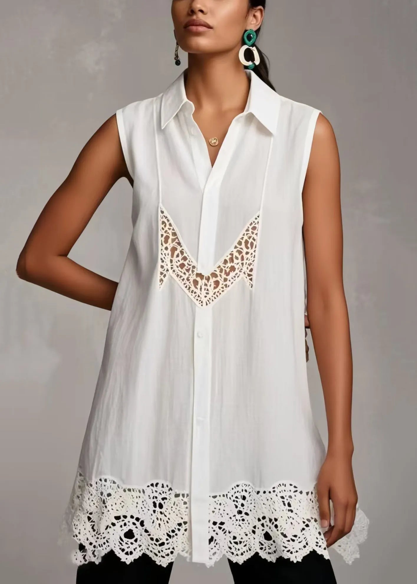 White Hollow Out Patchwork Lace Shirts Sleeveless