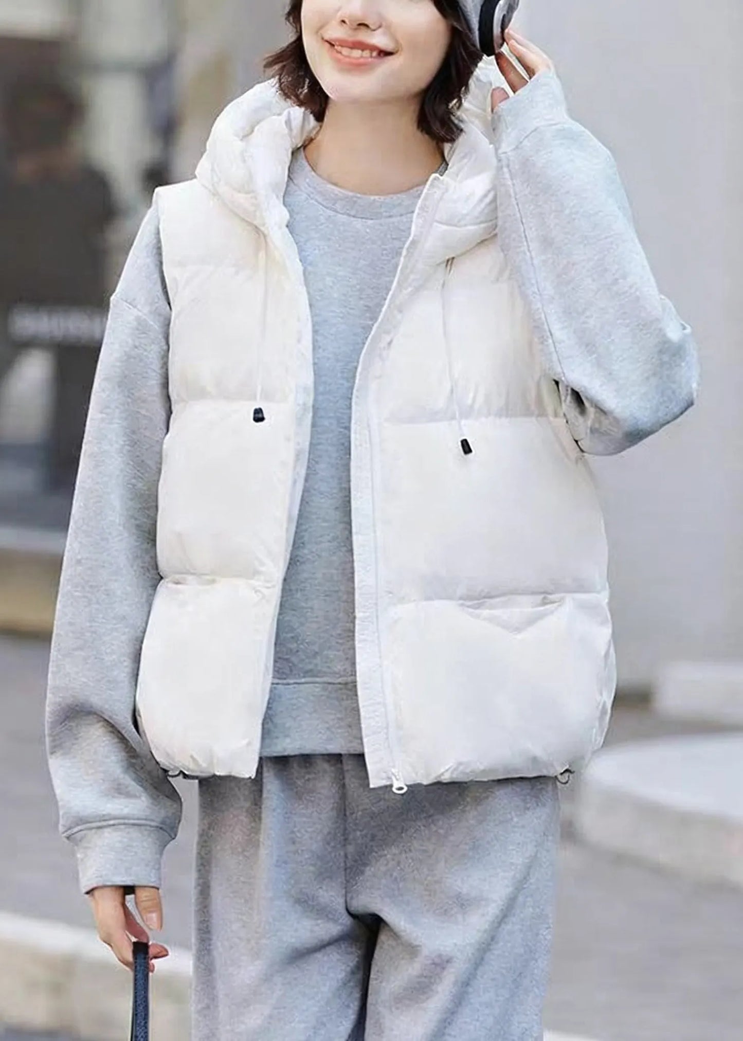 White Zip Up Pockets Drawstring Duck Down Waistcoat Winter