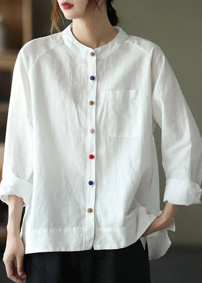 Modern Gray Crane Loose Patchwork Pockets Fall Long Sleeve Blouse Top