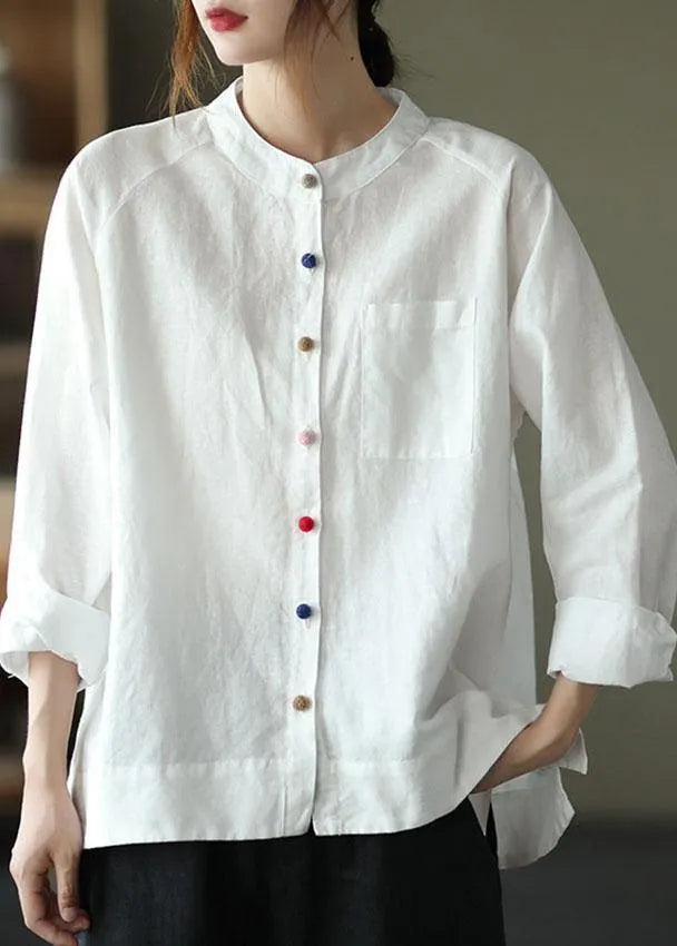 Modern White-yellow Flower Loose Patchwork Pockets Fall Long Sleeve Blouse Top