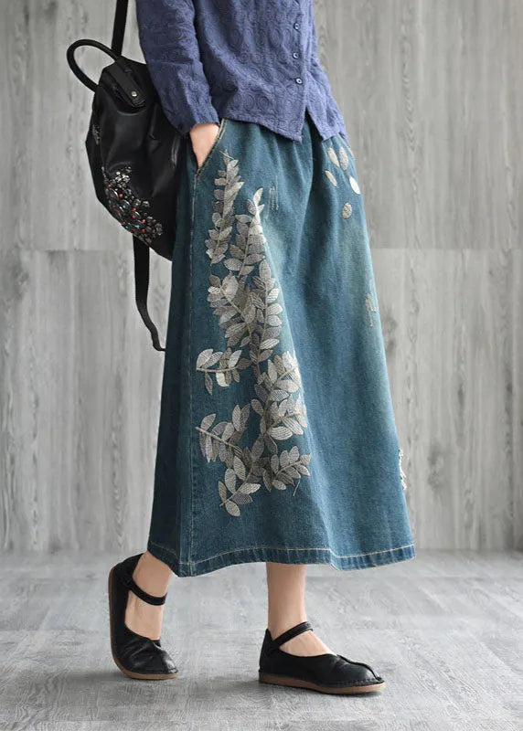 Natural Dark Blue Pockets Embroidered Cotton Denim Skirts Spring