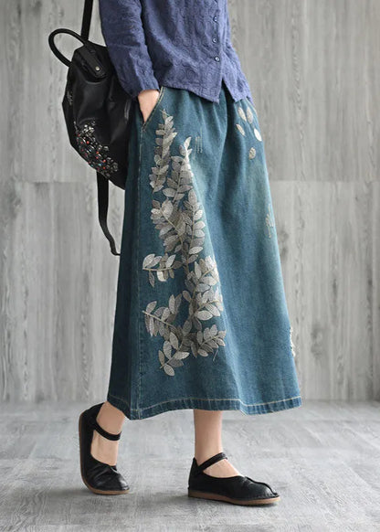 Unique Navy Patchwork Embroidered Denim Skirt Spring