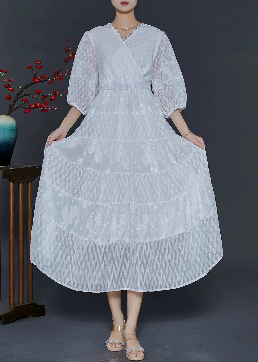 White V Neck Patchwork Chiffon Vacation Dresses Summer