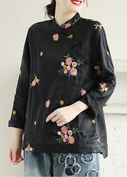 Black Embroidered Stand Collar Button Fall Long Sleeve Shirt