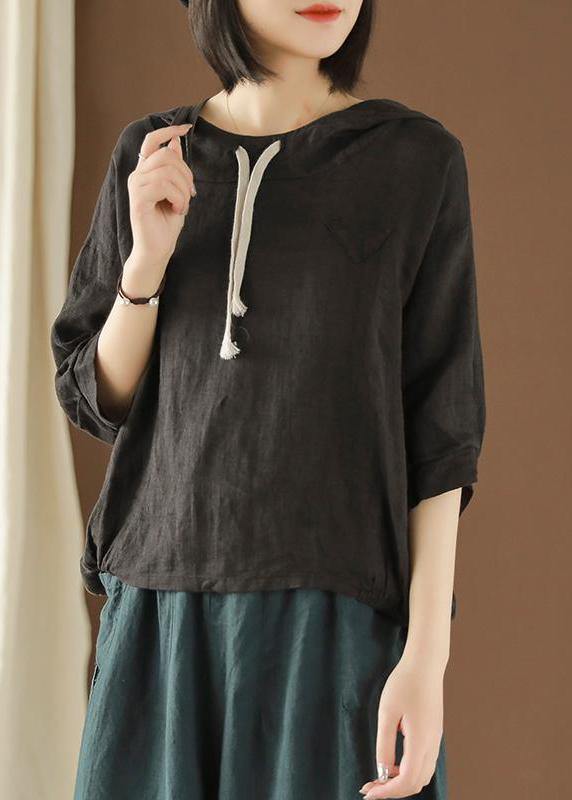 Unique Blouse Indian Linen Summer Literary White Hooded Three Quarter Sleeve T-shirt