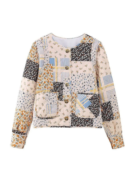 Stylish O Neck Pockets Print Fine Cotton Filled Short Coat Winter