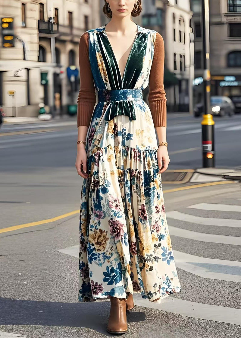 V Neck Patchwork Print Silk Velvet Long Dress Fall
