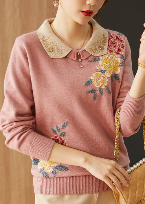 Boutique Pink Peter Pan Collar Zircon Knit Sweaters Spring