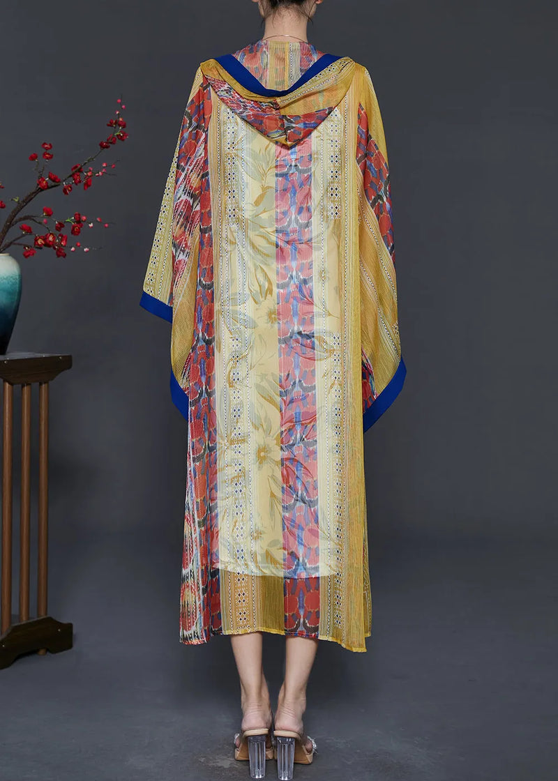 Yellow Hooded Print Chiffon Upf 50+ Cardigan Summer