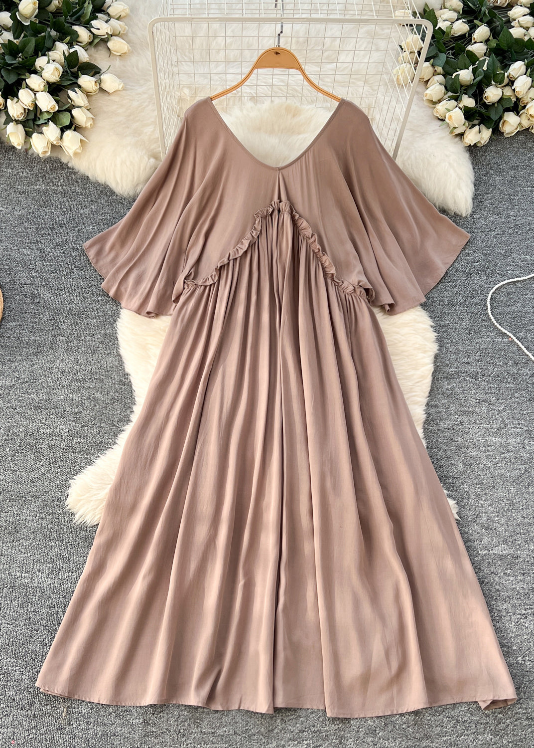 Orange Ruffled Cotton a Line Dresses Batwing Sleeve