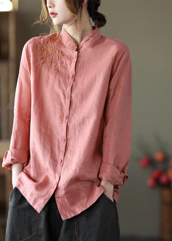 Pink Button Embroidered Fall Linen Tops Long Sleeve
