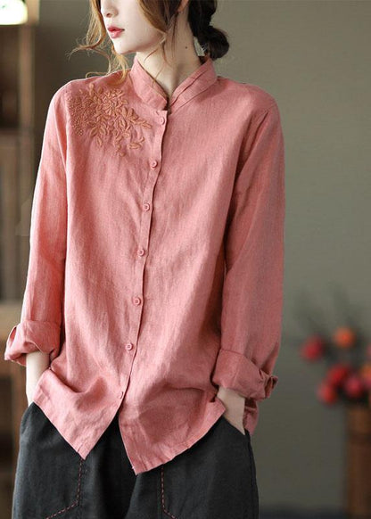 Pink Button Embroidered Fall Linen Tops Long Sleeve