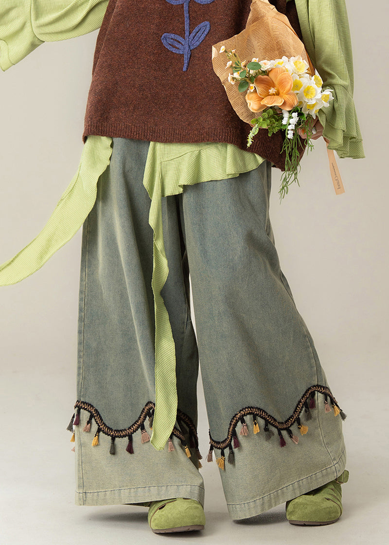 Blue Tasseled High Waist Patchwork Denim Wide Leg Pants Fall
