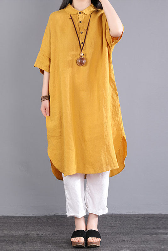 -summer Short-sleeved Long Shirt Color Cotton Linen Dress